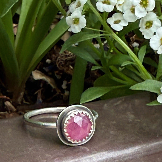 Faceted Pink Sapphire and Sterling Silver Dainty Stacker Ring Size 8