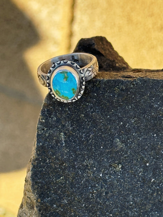 Handmade Natural Sonoran Gold Turquoise Ring – Heavy Gauge Patterned Band – Artisan Southwestern Jewelry
