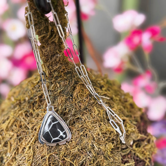 Black Septarian Pendant on Sterling Silver Paperclip Chain Necklace