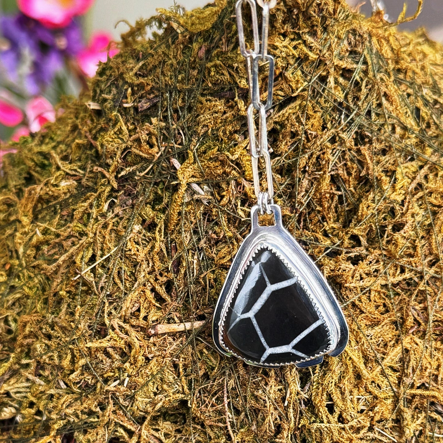 Black Septarian Pendant on Sterling Silver Paperclip Chain Necklace
