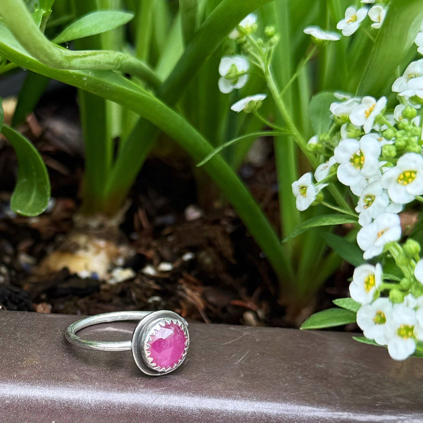 Faceted Pink Sapphire and Sterling Silver Dainty Stacker Ring Size 8