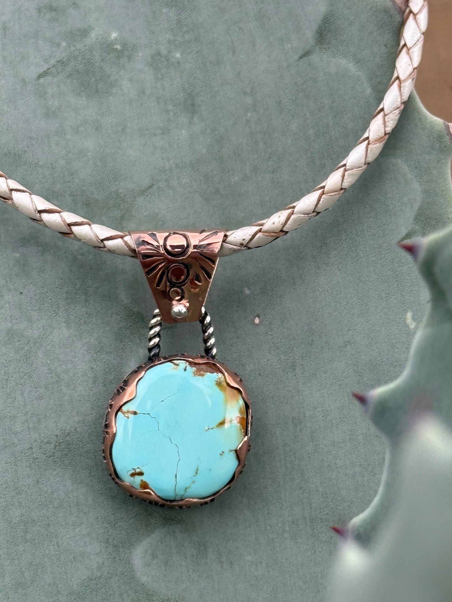 Royston Turquoise Necklace with Copper Cactus Bezel – Southwestern Turquoise Pendant on Pearl Braided Leather Cord