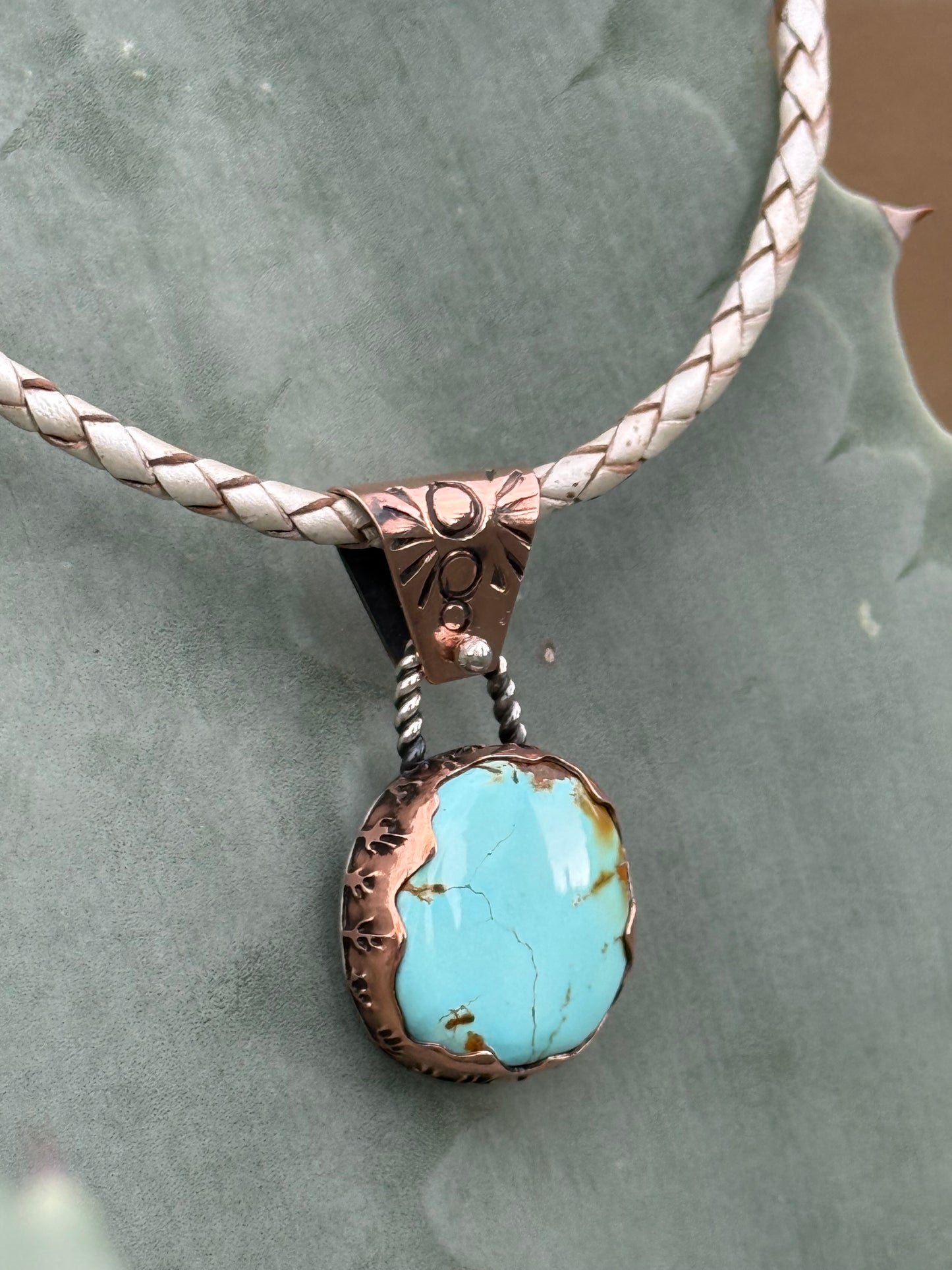 Royston Turquoise Necklace with Copper Cactus Bezel – Southwestern Turquoise Pendant on Pearl Braided Leather Cord