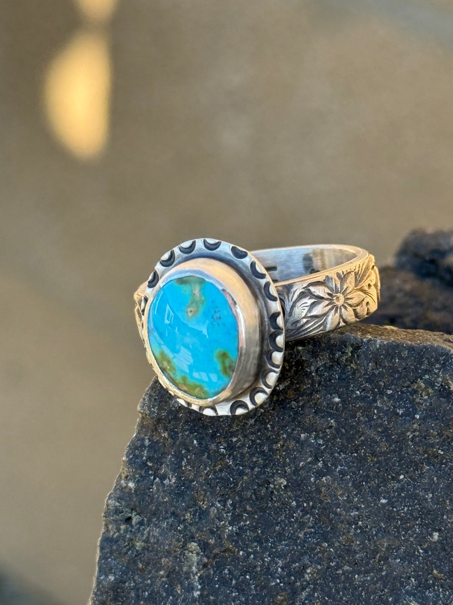 Handmade Natural Sonoran Gold Turquoise Ring – Heavy Gauge Patterned Band – Artisan Southwestern Jewelry